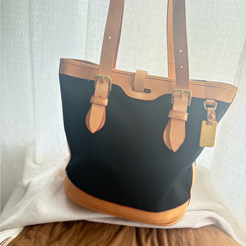 Vintage Dooney & Bourke Cabriolet Bucket Bag Black Canvas Tan Leather USA